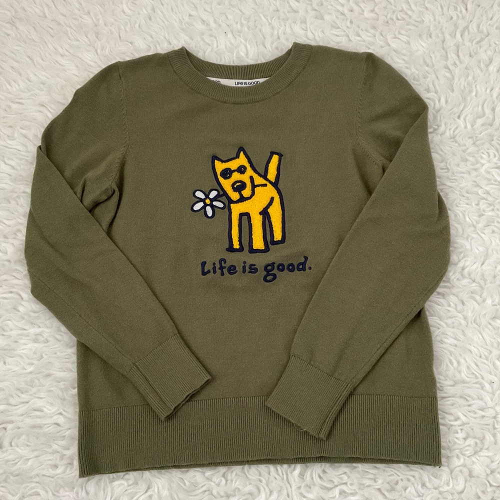 Life is Good Sweater Womens Small Olive Green Rocket Dog Graphic Crewneck